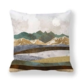 Funda de cojín cuadrada con paisaje de montaña abstracto verde y dorado en piel de melocotón - 45x45 cm / Estilo Montañas Abstractas de Tono Tierra (38)