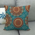 Close-up of bohemian mandala pattern on square linen throw pillow cover with rich textures - Cyan Blue Ethnic Symmetrical Print (6)