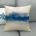 Detail of square linen cushion cover with blue abstract ink painting on gray sofa - 18x18 Inch / Beige Base Blue Ink Smudge (10)