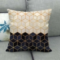 Macro detail of 3D geometric cube pattern on blue and beige linen cushion cover - Blue White Patchwork 3D Cube Style