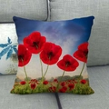 Funda de cojín de lino con campo de amapolas rojas vibrantes sobre sofá gris - Estilo Campo de Amapolas Rojas (2)