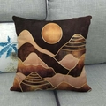 Detailed texture of linen cushion cover with modern abstract mountain and moon patterns - Brown Tan and Gold Abstract Mountain Landscape Style (7)