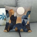 Close-up of linen pillow cover with blue and ochre abstract mountain print on grey sofa - Dark Blue and Ochre Abstract Decor Style (10)