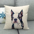 Artistic Boston Terrier linen pillow cover in beige displayed on a grey sofa - Style 3