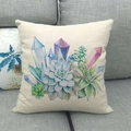Close-up of succulent and crystal watercolor print on textured linen pillow cover - Watercolor Succulent Crystal Style (1)