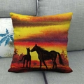 Linen square throw pillow cover featuring a sunset horse silhouette on a gray sofa - Sunset Horses Style (2) / 45x45cm