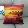 Linen decorative square pillowcase featuring an artistic sunset landscape painting - Sunset Lake View Style (3) / 45x45cm