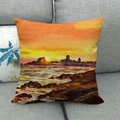 Detail of artistic sunset scenery linen cushion cover showing fabric texture on sofa - Sunset Lighthouse Style (6) / 45x45cm