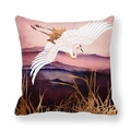 Square peach skin pillowcase with artistic flying crane and mountain landscape print - Pink Purple Cloud Crane