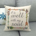 Detail of linen pillow cover with arrow feathers and 'it is well with my soul' quote - It Is Well With My Soul Arrow (8)