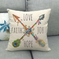 Detailed close-up of linen pillowcase with arrows, floral design and motivational text - Double Arrow Floral Love Faith (9)