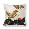 Japanese style throw pillow cover featuring cranes and red sun on peach skin fabric - Red Sun Ink Crane
