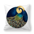 Square peach skin pillowcase featuring a majestic peacock with gold trim on dark blue moon - Blue Moon Gold Peacock