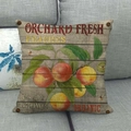 Nahaufnahme des Pfirsichmusters auf Leinenkissenbezug mit Vintage-Obstgarten-Print - Pfirsich Stil