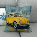 Linen pillow cover featuring a yellow vintage classic car art print on a grey sofa - Vintage Oil Painting Yellow Beetle (2)