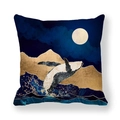 Peach skin fabric pillow cover featuring a blue whale jumping over waves under the moon - Moonlight Golden Wave Whale