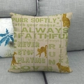 Close-up of linen pillow cover with cat silhouette and Purr Softly typographic print - Faux Wood Texture Cat Silhouette