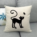Close-up of linen cushion cover texture with minimalist black cat and butterfly print - Black Cat Interacting With Butterfly (8)