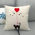 Detailed texture of linen cushion cover featuring a cat and red heart balloon print - Black Cat With Red Heart Balloon And Birds (19)