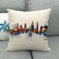 Detailed texture of linen cushion featuring a colorful watercolor London skyline - 45x45cm / Watercolor London Skyline