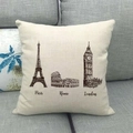 Linen sofa cushion cover featuring vintage sketches of Paris, Rome, and London - 45x45cm / Vintage City Sketch