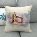 Fodera per cuscino in lino con stampa acquerello del Tower Bridge su tessuto beige - 45x45cm / Tower Bridge Londra Acquerello