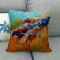 Close-up of artistic oil painting longhorn cattle pattern on linen throw pillow cover - Blue Orange Brown Longhorn Style (5)
