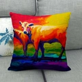 Detailed close-up of vibrant oil painting cow pattern on linen textured pillow cover - Bright Multi-color Two Cows Painting (7)