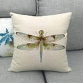 Detail of dragonfly watercolor print on square linen pillowcase on a grey sofa - Realistic Dragonfly (1) / 45x45cm