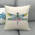 Macro detail of the natural linen texture and colorful dragonfly print on cushion cover - Watercolor Dragonfly (2) / 45x45cm
