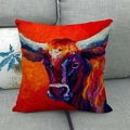 Artistic oil painting style longhorn cow pillow cover on a linen cushion for sofa decor - Red Blue Purple Longhorn Bull Oil Painting (3)