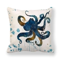 Square peach skin pillowcase with blue and gold octopus print on creamy white base - Ink Splatter Decorative Octopus