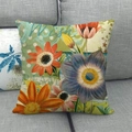 Leinen-Kissenbezug mit bunten Blumen, 'Wish' und 'Dream' Text auf grauem Sofa - Lila Und Orange Blumenmuster (1)