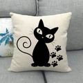 Minimalist cat pattern linen pillow cover featuring black feline silhouette and paw prints - Cat Silhouette With Paw Prints Design (15)
