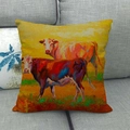 Linen decorative pillowcase featuring a colorful oil painting style cow portrait - Orange Red Brown Oil Painting Cow (9)