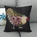 Detail of linen pillowcase with colorful floral rooster pattern on dark gray sofa - Black Background Pink Rose Rooster (1)