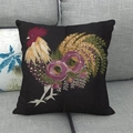 Artistic linen pillowcase with colorful rooster and rose print on a gray sofa - Black Background Purple Rose Rooster (2)