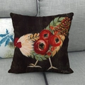 Close-up of linen pillow cover featuring an artistic rooster made of red roses and floral patterns - Dark Coffee Background Red Rose Rooster (3)