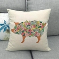 Detailed close-up of a rustic linen pillow cover featuring a floral pig silhouette - Square / Pig Floral Off-white Background (6)