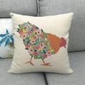 Close-up of linen pillowcase featuring a floral rooster pattern on a grey sofa - Square / Rooster Red Yellow Floral Beige (8)