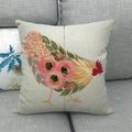 Linen pillowcase with floral rooster pattern on a gray sofa in country style home decor - Square / Rooster Pink Rose Beige (10)