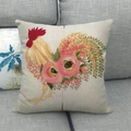 Linen farmhouse pillowcase featuring rooster and rose print on a gray fabric sofa - Square / Rooster Painted Floral Off-white (11)