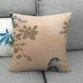 Detail of linen cushion cover featuring oil painting bird and flower print on grey sofa - 18x18 Inch / Bird and Warm Floral Leaves (8)