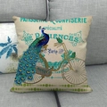 Housse de coussin vintage en lin avec motif paon et bicyclette sur tissu beige - Paon Bicyclette Avec Lettres (1)