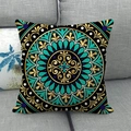Macro shot of mandala pattern texture on square linen throw pillow for home decor - 18x18 Inch / Cyan Gold Mandala (3)