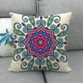 Close-up of linen cushion cover featuring colorful mandala pattern on grey sofa - 18x18 Inch / Multicolor Mandala (4)