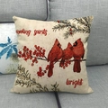 Detail of red cardinal birds on linen pillow cover with making spirits bright text - Making Spirits Bright Cardinal (6)