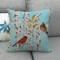 Detailed close-up of cardinal birds and birch trees print on blue linen pillow cover - Sky Blue Birch Cardinal (8)