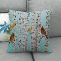 Close-up of red birds and birch trees printed on a linen decorative pillowcase - Pale Blue Artistic Cardinal (9)