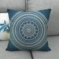 Navy blue linen pillow cover with white symmetrical mandala flower pattern on grey sofa - 18x18 Inch / Deep Blue Mandala (2)
